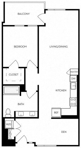 Floor plan for 1 bed, 1 bath, 973 sqft