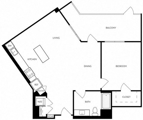 Floor plan for 1 bed, 1 bath, 981 sqft