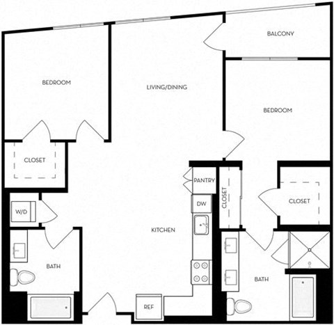 Floor plan for 2 beds, 2 baths, 1152 sqft