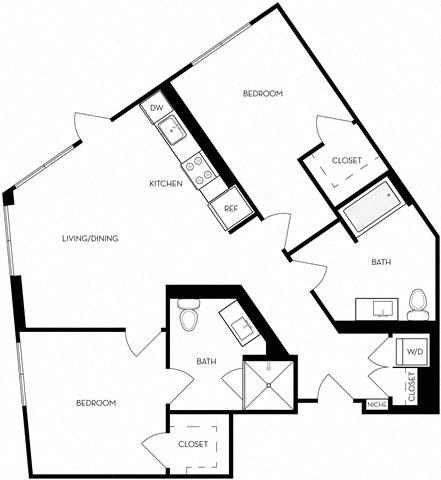 Floor plan for 2 beds, 2 baths, 951 sqft