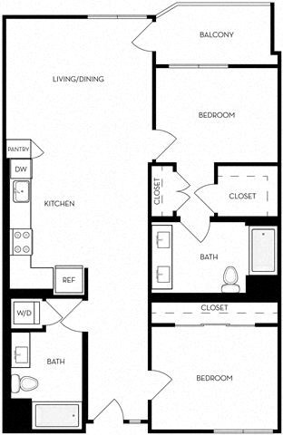 Floor plan for 2 beds, 2 baths, 1156 sqft