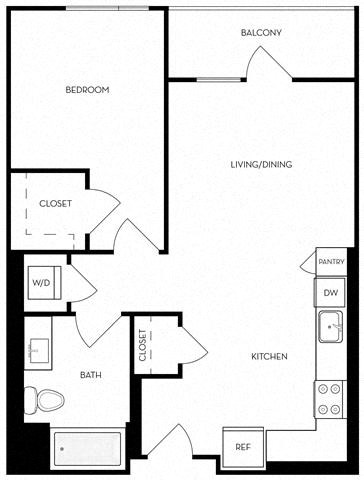 Floor plan for 1 bed, 1 bath, 754 sqft