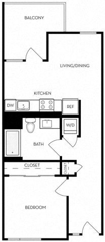 Floor plan for 1 bed, 1 bath, 654 sqft