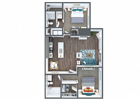 Floor plan for 2 beds, 2 baths, 950 sqft