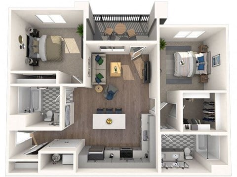 Floor plan for 2 beds, 2 baths, 1030 sqft