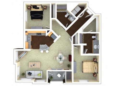 Floor plan for 2 beds, 2 baths, 1341 sqft