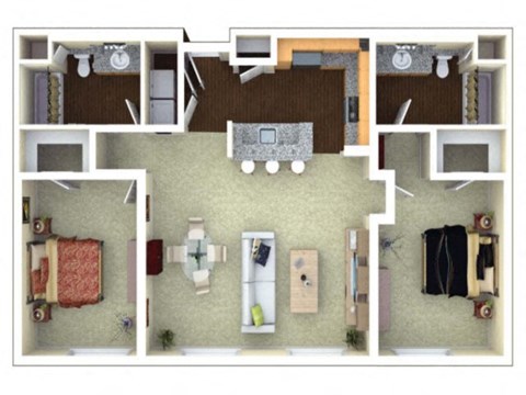 Floor plan for 2 beds, 2 baths, 1264 sqft
