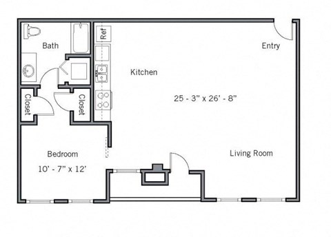 Floor plan for 1 bed, 1 bath, 973 sqft