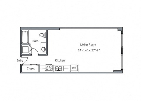 Floor plan for studio, 1 bath, 680 sqft