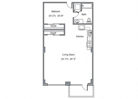 Floor plan for 1 bed, 1 bath, 959 sqft