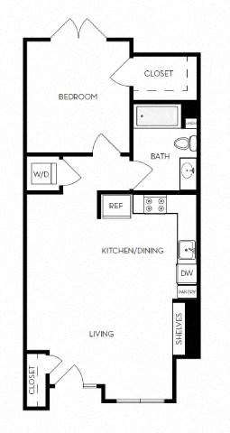 Floor plan for 1 bed, 1 bath, 661 sqft