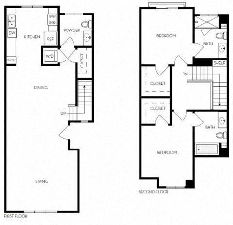 Floor plan for 2 beds, 2 baths, 1342 sqft