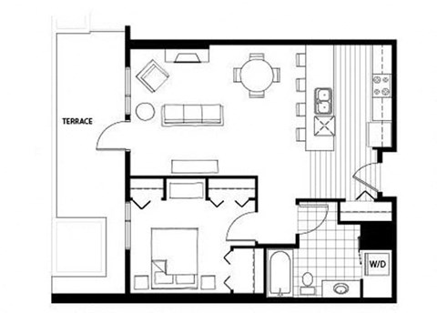 Floor plan for 1 bed, 1 bath, 704 sqft