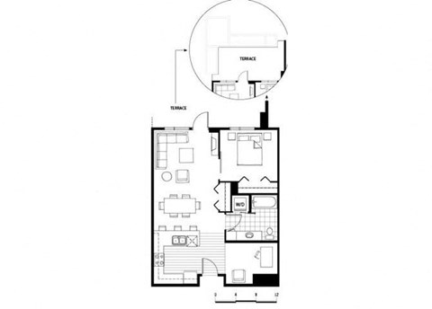 Floor plan for 1 bed, 1 bath, 713 sqft