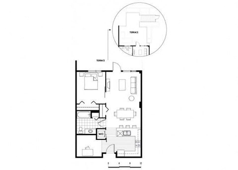Floor plan for 1 bed, 1 bath, 726 sqft