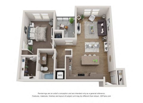 Floor plan for 1 bed, 1 bath, 805 sqft