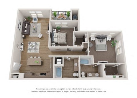 Floor plan for 2 beds, 2 baths, 1193 sqft