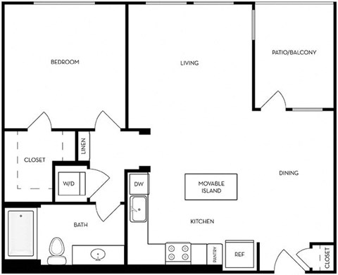 Floor plan for 1 bed, 1 bath, 796 sqft