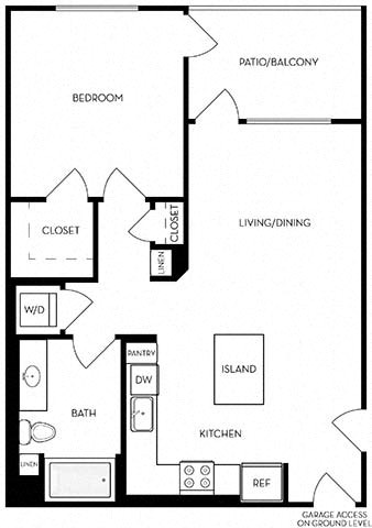 Floor plan for 1 bed, 1 bath, 781 sqft