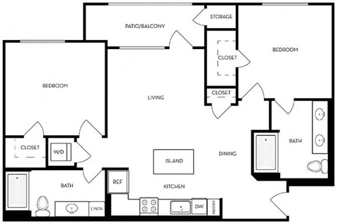Floor plan for 2 beds, 2 baths, 1079 sqft