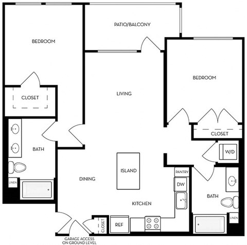 Floor plan for 2 beds, 2 baths, 1127 sqft