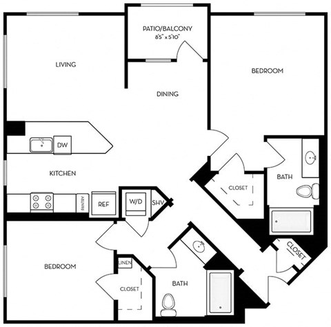 Floor plan for 2 beds, 2 baths, 1226 sqft