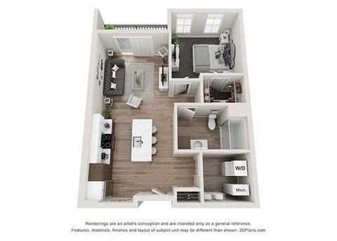 Floor plan for 1 bed, 1 bath, 717 sqft