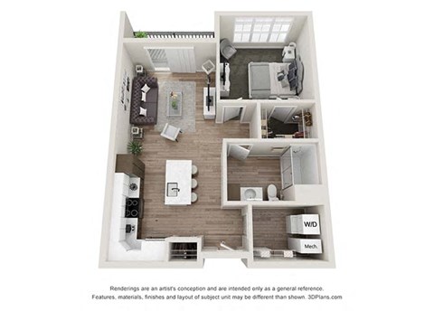 Floor plan for 1 bed, 1 bath, 729 sqft
