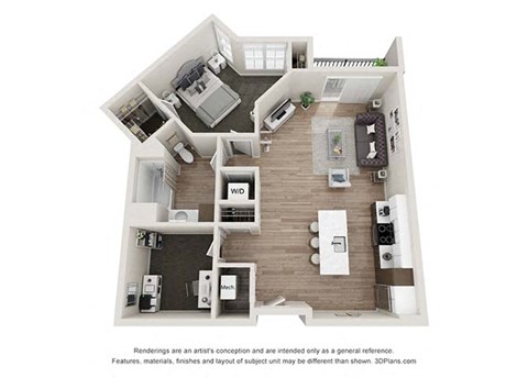 Floor plan for 1 bed, 1 bath, 905 sqft