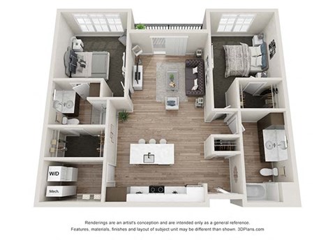 Floor plan for 2 beds, 2 baths, 1110 sqft
