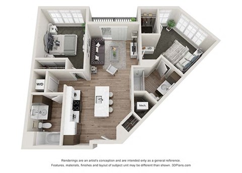 Floor plan for 2 beds, 2 baths, 946 sqft
