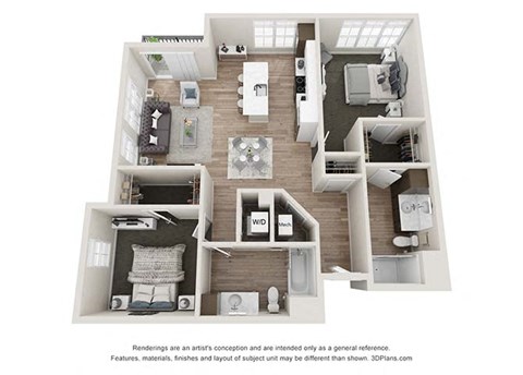 Floor plan for 2 beds, 2 baths, 1142 sqft