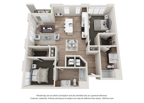 Floor plan for 2 beds, 2 baths, 1196 sqft