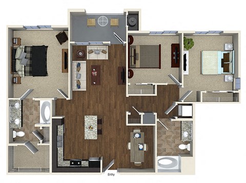 Floor plan for 3 beds, 2 baths, 1369 sqft