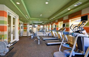 A gym with treadmills, weights, and exercise machines.
