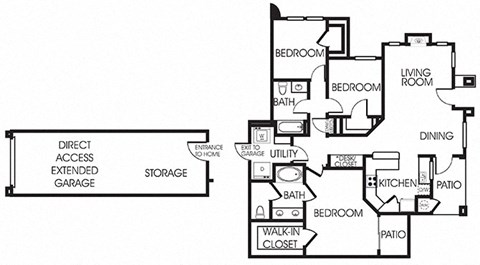 Floor plan for 3 beds, 2 baths, 1338 sqft