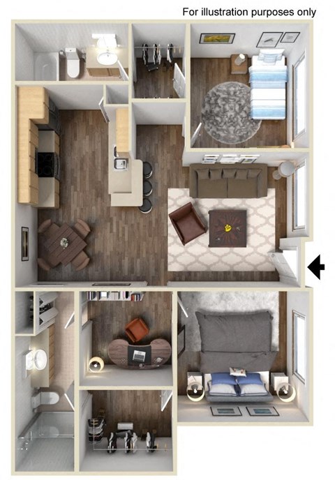 Floor plan for 2 beds, 2 baths, 995 sqft