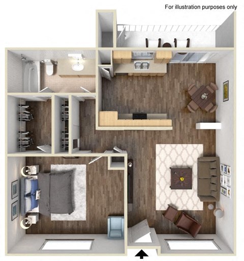 Floor plan for 1 bed, 1 bath, 748 sqft
