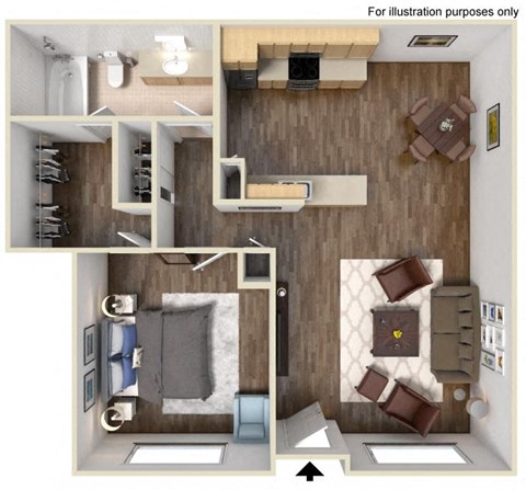 Floor plan for 1 bed, 1 bath, 755 sqft