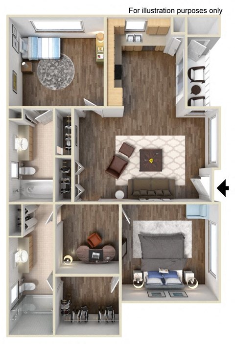 Floor plan for 2 beds, 2 baths, 961 sqft