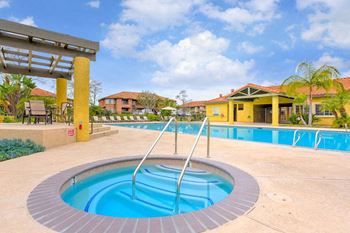 Swimming pool with year-round hot tub