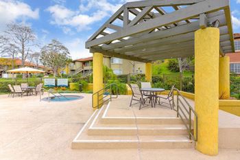 Outdoor dining area by hot tub