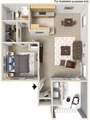 Floor plan for 1 bed, 1 bath, 715 sqft