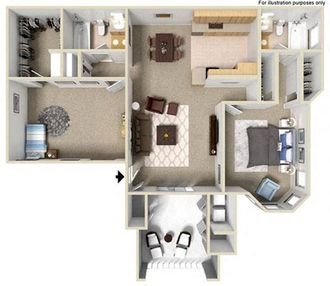Floor plan for 2 beds, 2 baths, 1020 sqft