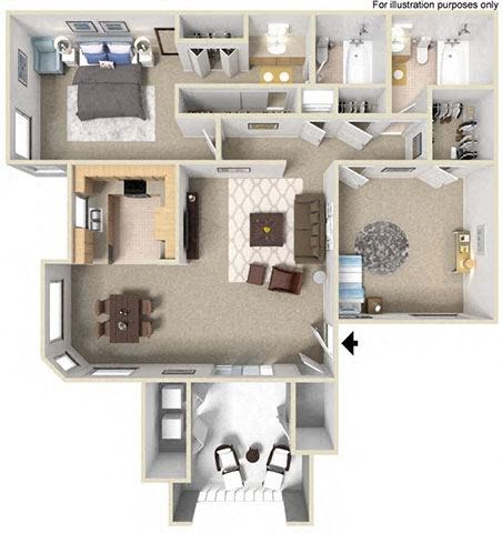Floor plan for 2 beds, 2 baths, 1050 sqft