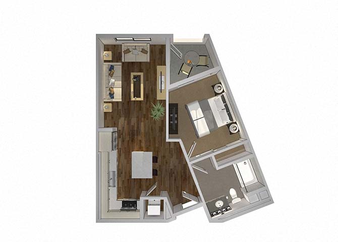 Floor plan for 1 bed, 1 bath, 598 sqft