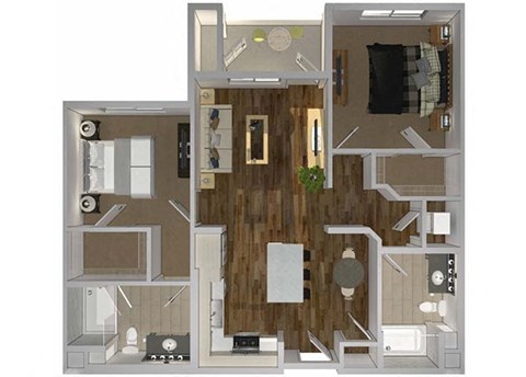 Floor plan for 2 beds, 2 baths, 977 sqft
