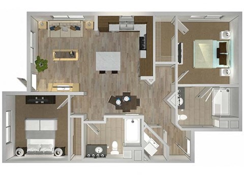 Floor plan for 2 beds, 2 baths, 934 sqft