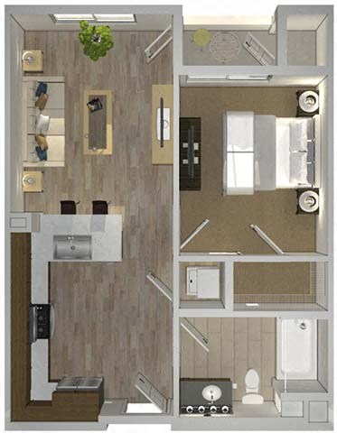 Floor plan for 1 bed, 1 bath, 562 sqft