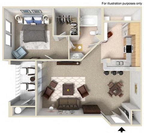 Floor plan for 1 bed, 1 bath, 854 sqft